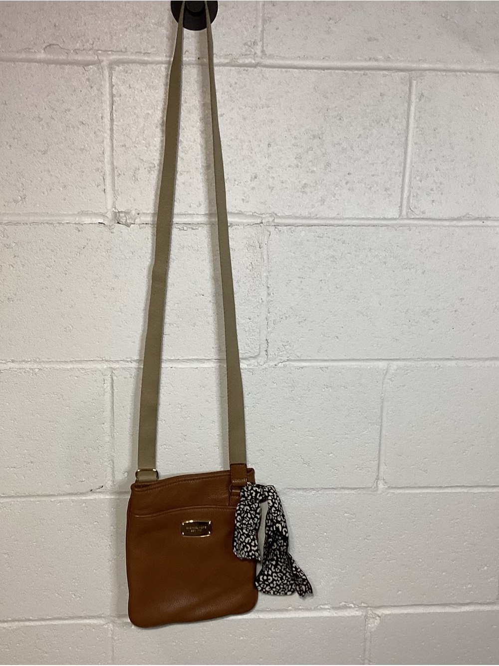 Michael Kors Tan Brown Leather Crossbody with Printed Scarf